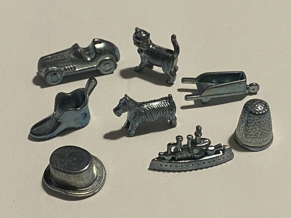 Monopoly Pieces Metal Tokens Car, Dog, Cat, Green Houses, Red Hotels, and 3 Dice